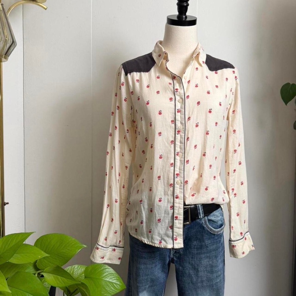 Mossimo Vintage Western Floral Button Up Top Cream Red Brown Y2K Medium